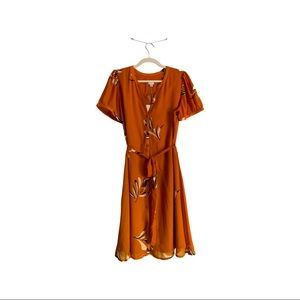 Orange w/ Black & White Flowers Midi Dress